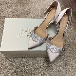 Champagne color satin and crystal dress heels